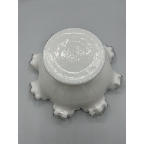 Vtg White Glass with Clear Ribbon Ruffled Footed Compote Candy Dish 4 In Tall - Picture 8 of 9